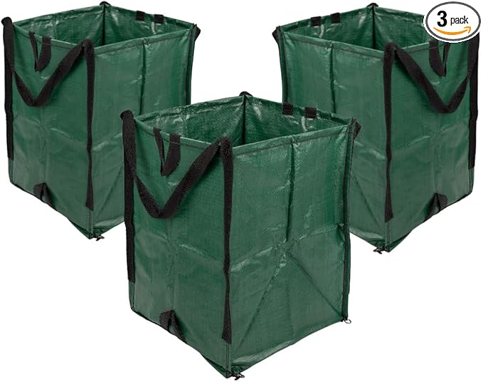DURASACK Heavy Duty Home and Yard Waste Bag 48-Gallon Woven Polypropylene, Reusable Lawn and Leaf Garden Bag with Reinforced Carry Handles, Pop-Up Self-Standing Garbage Can, Green, Pack of 3