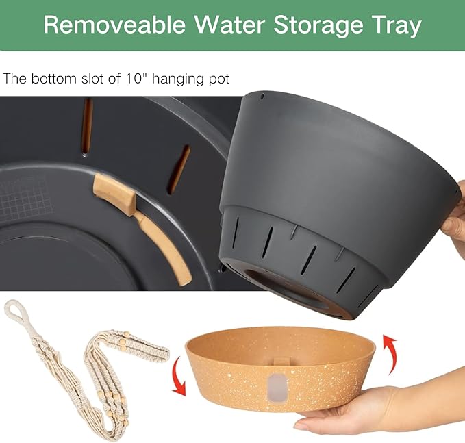 QCQHDU 2 Pack Hanging Planters for Indoor Plants, Outdoor Hanging Baskets, Self Watering Pots with Drainage Holes & Removable Tray (Dark Grey, 10 inch, Macrame Hanger)