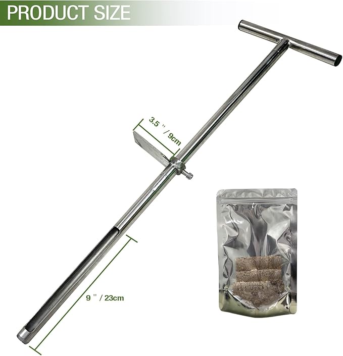 Soil Probe 35 Inch with 2 Bags, Straight Soil Sample Probe for Lawn House Plants, T-Handle Soil Sampler Probe Rod with Pedal, Stainless Steel Soil Test Kits Tool for Soil Sampling
