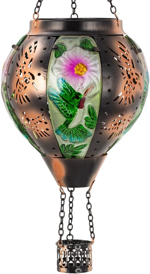 Starsoul Hummingbird Hot Air Balloon Solar Lantern Metal & Glass Solar Hot Air Balloon Hanging Garden Light Waterproof Outdoor Lantern for Patio Yard Party Decorations