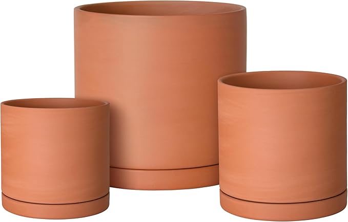 D'vine Dev Terracotta Pots for Plants, 5.3 Inch 6.5 Inch 7.8 Inch, Round Cylinder Planter Pot with Drainage and Saucer, 40-T-B-0