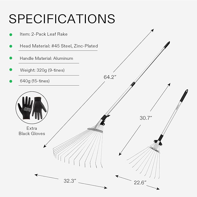 VIVOSUN 2-Pack Leaf Rake Set, Adjustable Garden Camping Rake Includes 15-Tine 64'' Rake and 9-Tine 30'' Rake, Metal Rake with Collapsing Tines and Telescopic Handle for Garden Lawn Yard Cleaning