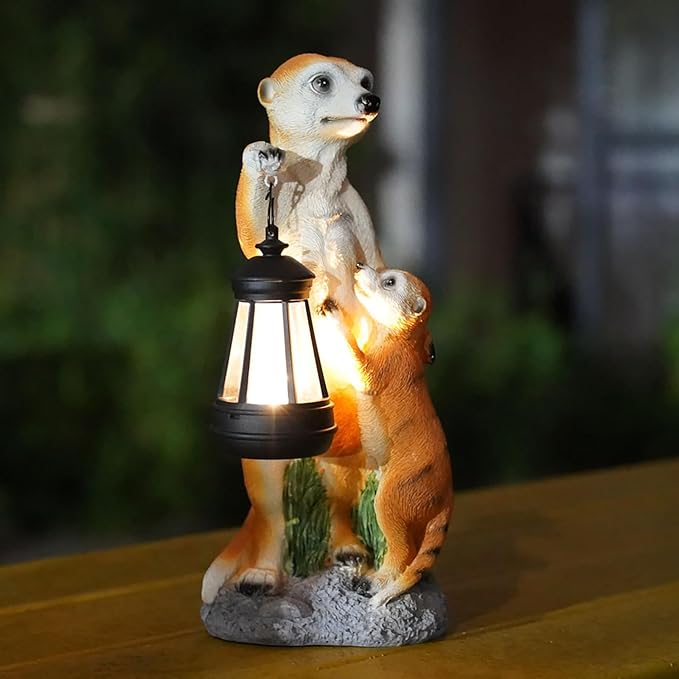 Solar Outdoor Garden Statues Lights ,Resin Meerkat Figurine with Solar Lantern Outdoor Decor for Yard Decoration Lawn Patio Balcony Ornament, Mom Gifts Birthday Gifts for Women
