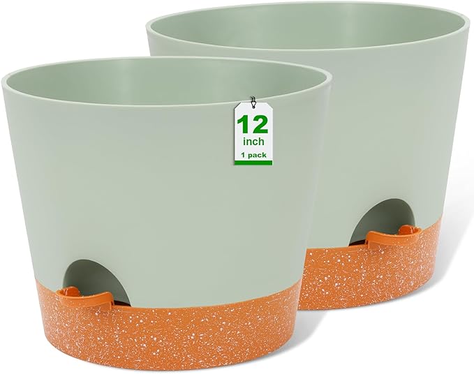 GARDIFE 12 inch Plant Pots, planters, Self Watering Pots, 2 Pack Large Plastic Flower pots with Deep Reservior and High Drainage Holes for Indoor Outdoor Plants and Flowers, Green