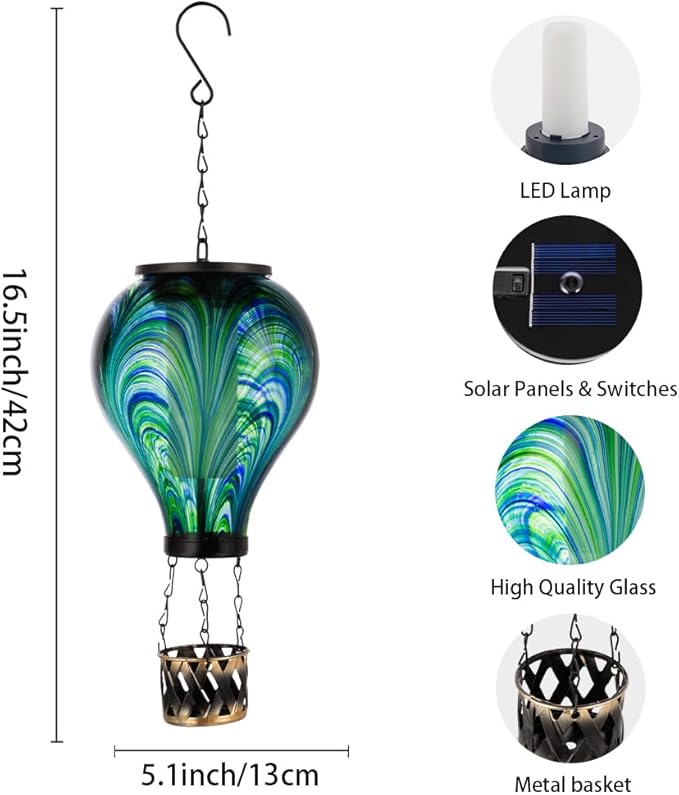 Starsoul Hot Air Balloon Solar Lantern Flickering Flame Light Tie-Dye Style Glass Solar Powered Hot Air Balloon Lamp Hanging Outdoor Lantern Waterproof Decor for Patio, Garden, Porch