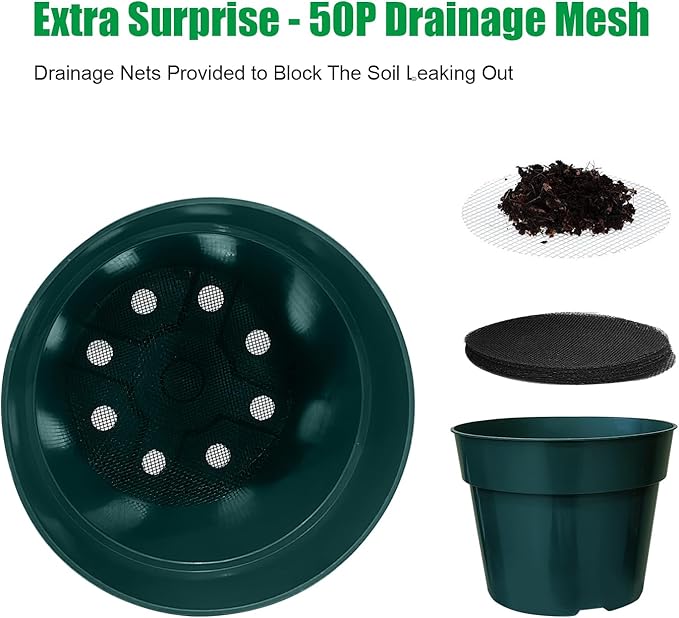 50 Pack 6 Inch Nursery Pots, Planting Grow Plastic Flower Pots, Thick Planters with Drainage Holes for Outdoor/Indoor Plants Succulent Herb (Green)