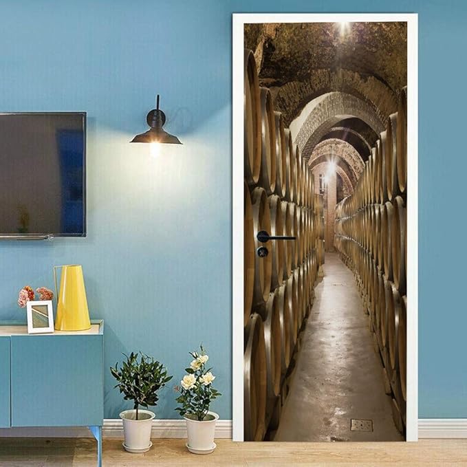 3D Door Stickers Murals - Peel and Stick Wine Cellar Theme - Removable PVC Waterproof Door Poster for Bedroom & Living Room - 34.6" x 78.7"
