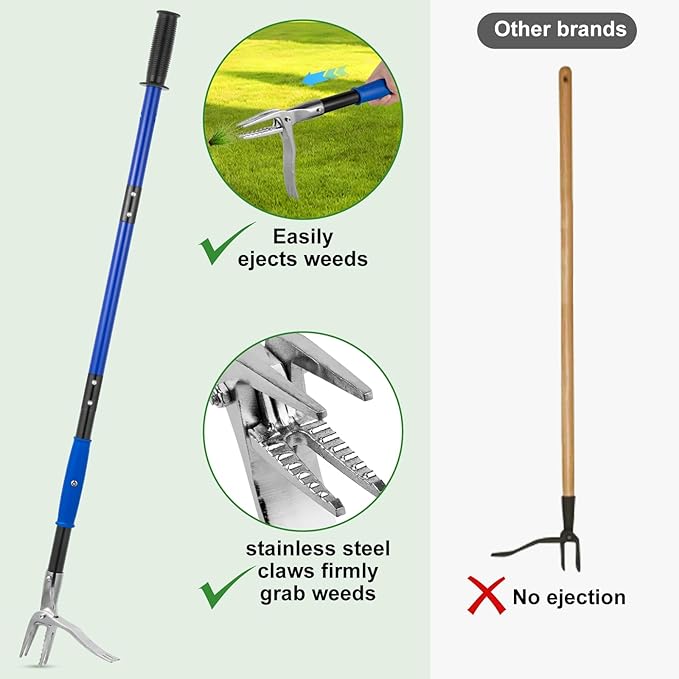 Stainless Steel Stand Up Weed Puller Tool - 51" Long Ergonomic Handle with Easy-Eject Claw, No-Bend Weeding Tool for Deep Roots, Heavy Duty Garden Weeder for Hard Soil & Dandelions