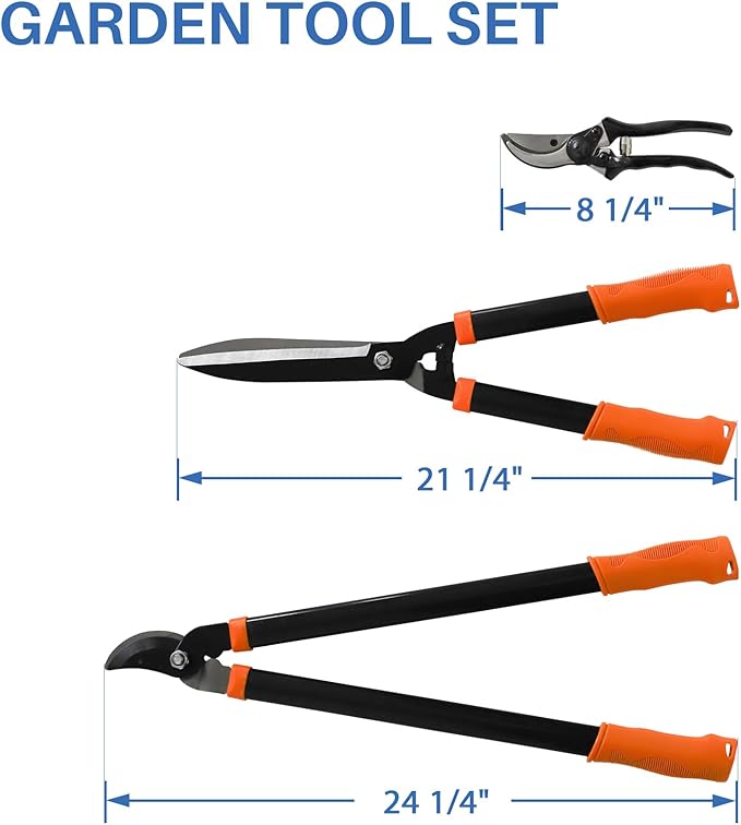 ECOOPTS 3PCS Garden Tool Set with Lopper, Hedge Shears and Bypass Pruner, Heavy Duty Tree & Shrub Care Kit, Tree Trimmer Gardening Tools for Indoor & Outdoor Gardening