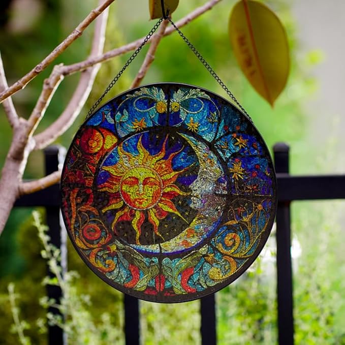 Stained Glass Suncatcher,Sun and Moon Artistic Window Hanging,7.8” Hand-Painted Glass Panel Wall Home Decor,Gift for Women Garden Decor Suncatcher (Sun and Moon), BL009