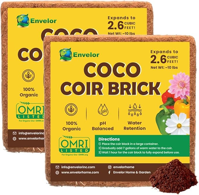 Coco Coir for Plants 2-Pack Envelor 2.6 Cu. Ft. Compressed Coconut Coir Bricks 10 lb. Organic Coconut Coir Bulk Low EC pH Balanced Natural Coco Peat for Indoor and Outdoor Gardening Potting Soil