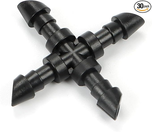 30 Pieces 1/4" Drip Irrigation Cross Fittings, 1/4'' Drip Line Double Barbed Cross Tee Connectors for 1/4 Inch Irrigation Tubing 4-way Cross T Fittings for Garden Drip Sprinkler Systems