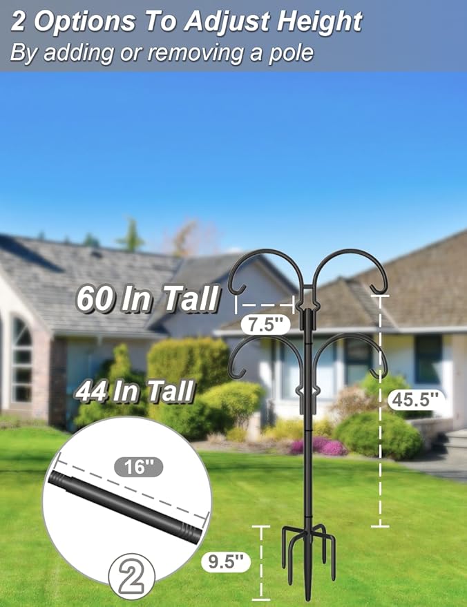 Outdoor Double Shepherds Hook with 5 Prong Base, 60 Inch Adjustable Heavy Duty Two Sided Bird Feeder Pole Stand for Hanging Plant Baskets, Solar Light Lanterns, Hummingbird Feeder, 2 Pack