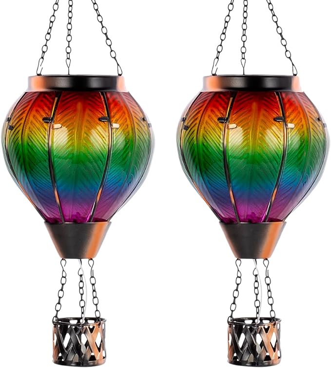 Starsoul 2PCS Hot Air Balloon Solar Lantern Colorful Solar Hot Air Balloon Lantern with Flame Light Waterproof Hanging Outdoor Lantern with Candle Holder for Patio Garden Yard Farmhouse Decor