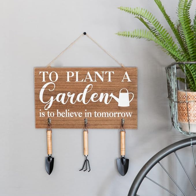 COLLECTIVE HOME - Garden Decor with Tools, Inspirational Wood Hanging Signs, Garden Tools Set - 3 Piece, Out Door Decor with Hooks, to Plant a Garden is to Believe in Tomorrow, 15.75"x9.5" (Wood)