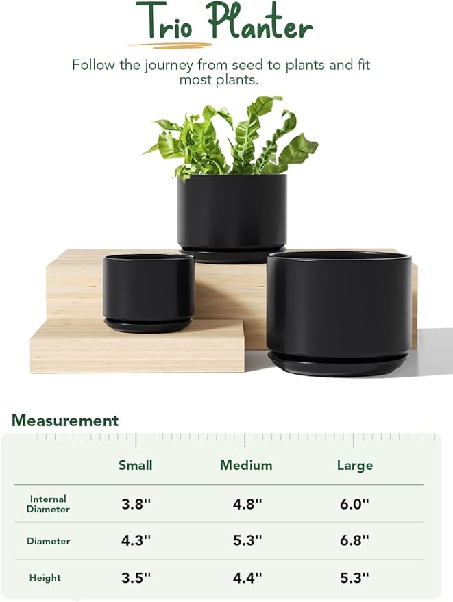 LE TAUCI Ceramic Plant Pots, 4.3+5.3+6.8 inch, Set of 3, Planters with Drainage Hole and Saucer, Indoor Flower Pot with Hole Mesh Pad, Gifts for Mom, Black