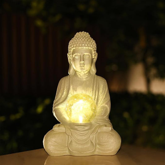 Buddha Garden Statue with Solar Light, Solar Meditating Garden Buddha with Cracked Glass Ball Sculpture-Indoor/Outdoor Decor for Balcony,Garden,Patio,Porch Yard Art Ornament,Gift