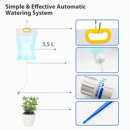 AHOUGER 4Pcs 3500ml Plant Life Drip Watering Bag with Adjustable Flow Automatic Plant Watering System Devices Waterer Spikes for Indoor Outdoor Potted Plant with 4Pcs Hooks