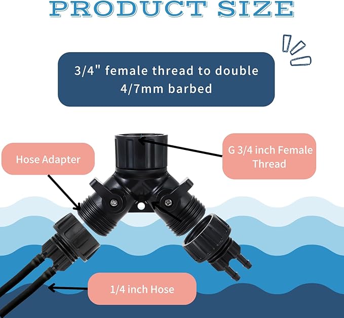 6pcs Garden Hose Adapters Kit, 2 Way Y Water Splitter Connector with 3/4'' Faucet Convert to 1/4'' Drip Irrigation Tubing Adapters, Garden Outdoor Watering Hose Connectors Set
