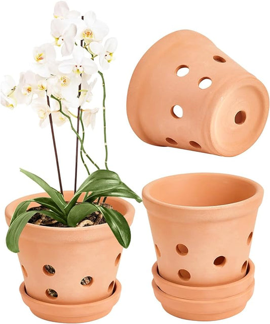 vensovo Terracotta Orchid Pots with Holes and Saucers - Clay Orchid Planter Pots for Repotting, Plant Flower Pots for Orchid Indoor and Outdoor Promotes Air Circulation