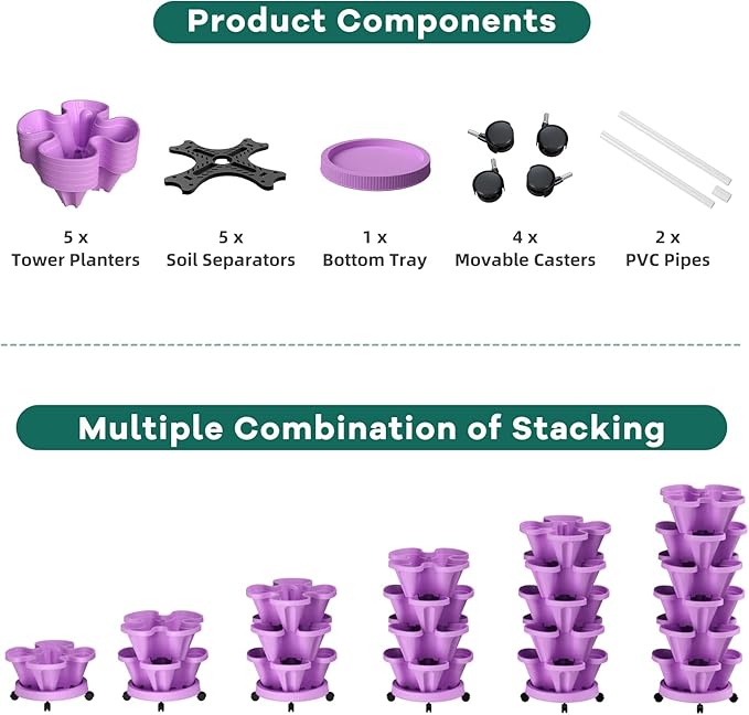 Strawberry Vertical Planter GardenTower, 5 Tiered Stackable Planter with Support Pole, Stacking Herb Vegetable Planters Indoor and Outdoor - Purple