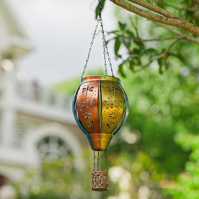 Starsoul Hot Air Balloon Solar Lantern with Dragonfly Projection Metal Outdoor Waterproof Hanging Hot Air Balloon Solar Lights for Garden Yard Patio Decor