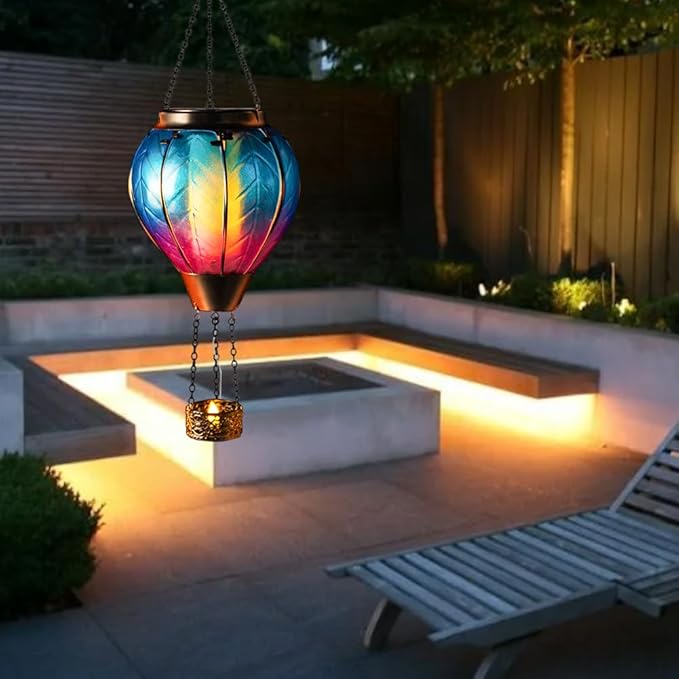 Starsoul Hot Air Balloon Solar Lantern with Candle Holder Glass Solar Hot Air Balloon Lantern with Flame Solar Hanging Hot Air Balloons Decorative for Lawn Porch Tree Yard