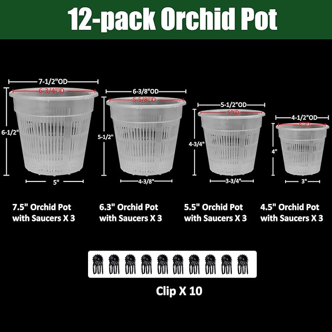 12Pcs Orchid Pot, 3 Each of 4.5, 5.5, 6.3 and 7.5 Inch Orchid Pots with Holes, Clear Orchid Pots for Repotting, Plastic Flower Plant Pot Indoor Outdoor Use(3 Each of 4.5,5.5, 6.3,7.5in)