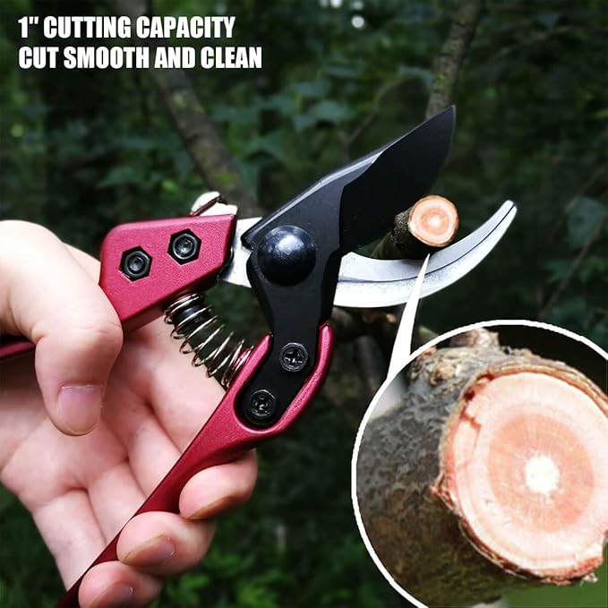 BUGUI 8" Heavy-Duty Pruning Shears, Professional Bypass Gardening Scissors, 1" Cutting Capacity, Sharp Garden Clippers with Low-friction Painted Stainless Steel Blade (Red)