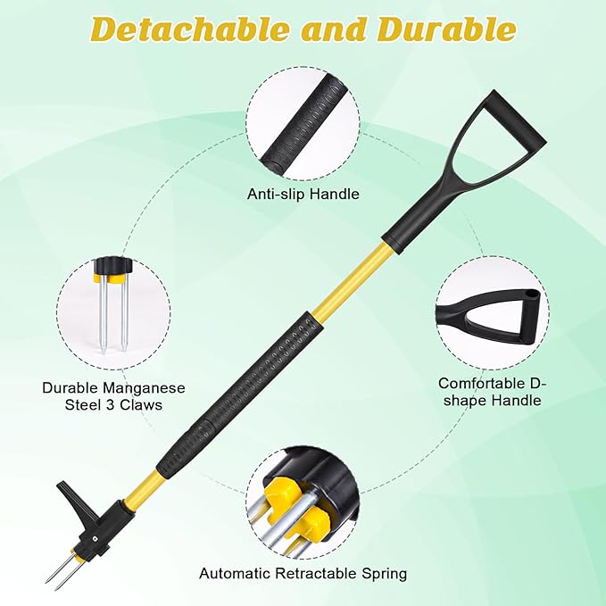 39" Detachable Weed Puller Tool Stand Up,Heavy Duty Ergonomic D-Handle Weeding Tool,High-Strength Stainless Steel 3-Claw Weeder with Long Handle for Effortless Garden Weed Removal