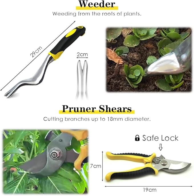 QianRuiDa 8-Piece Garden Tools Set for Gardening Aluminum Alloy Heavy Duty Kit, with Storage Tote Bag, Ergonomic Rubber Grip, Gift for Men or Women, Indoor and Outdoor Tools