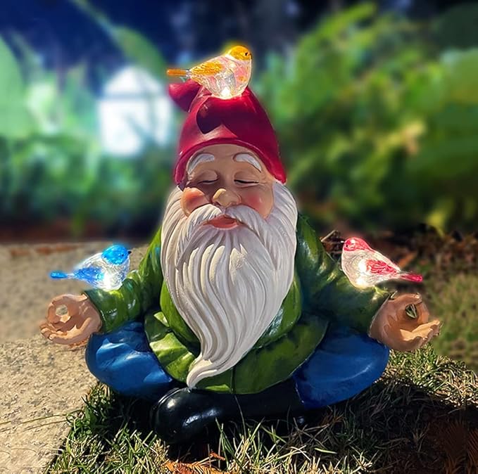 Solar Powered Gnome with Red Hat and 3 Birds Decorated Solar Light, Garden Decorations Statues, Garden Light Decor for Lawn Ornaments, Resin Garden Figurines (Gnome with 3 Birds)