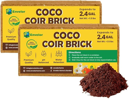 Coco Coir for Plants 2-Pack – 2.4 Gallons Compressed Coconut Coir Bricks, 1.5 lb. Low EC, pH Balanced Coco Peat for Indoor & Outdoor Gardening, Potting Soil, Indoor Plant Soil