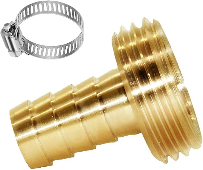 Joywayus 5/8" Barb x 3/4" Male GHT Thread Round Brass Garden Water Hose Pipe Connector Copper Fitting with Stainless Clamp House/Boat/Lawn/Power Wash/Irrigation