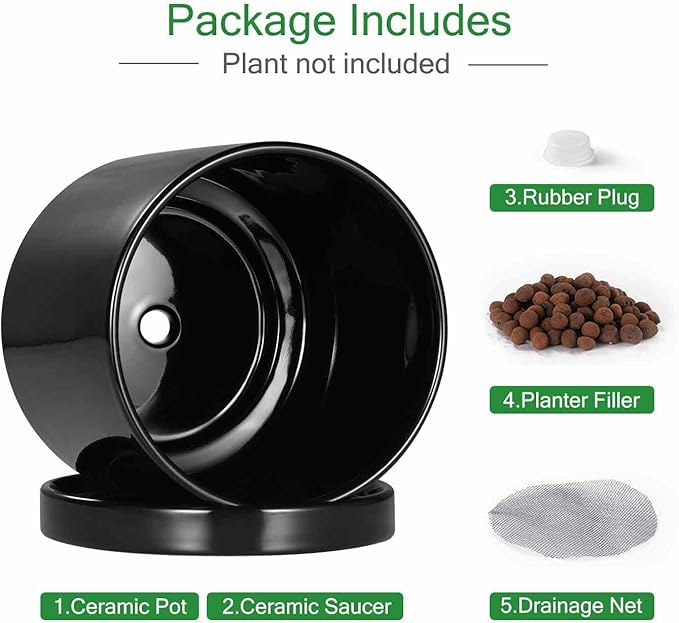Aveyas 6 inch Ceramic Plant Pot with Drainage Hole and Saucer - Suitable for Indoor and Outdoor Use, Modern Planters for House Garden Orchid Flower Snake Monstera Plants (6", Glossy Black)