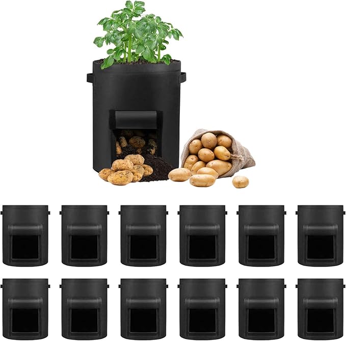 12 Pack 10 Gallon Potato Grow Bags, Heavy Duty Nonwoven Fabric Garden Planting Bag Plant Container with Flap and Handles, Aeration Fabric Pots for Growing Vegetable, Fruits and Flowers