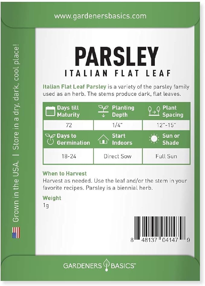 Gardeners Basics, Parsley Seeds for Planting, Italian Flat Leaf is A Heirloom, Open-Pollinated, Non-GMO Herb Variety- Great for Indoor and Outdoor Gardening and Herbal Tea Gardens