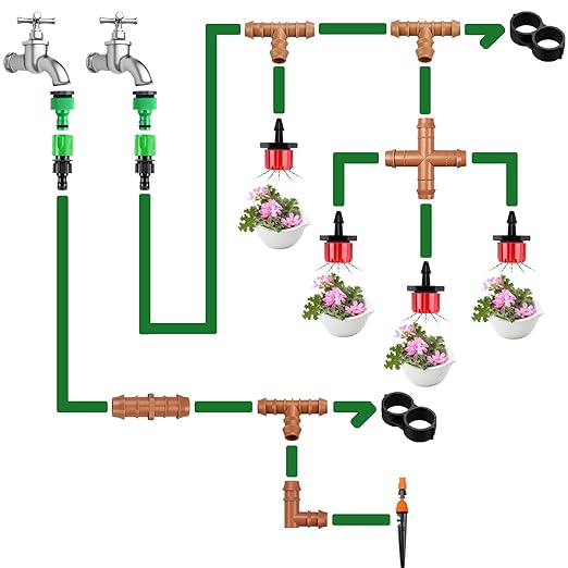 Drip Irrigation Fittings Kit for 1/2 inch Tube (0.600”ID), 38 Pieces Drip Irrigation Parts 1/2" Drip Line Connectors - 14 Couplings, 9 Tees, 6 Elbows, 6 End Caps, 3 Cross Connectors