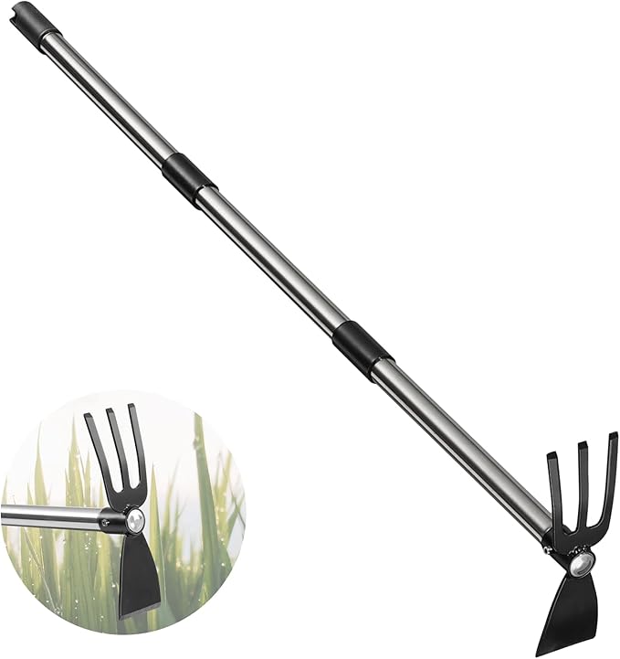 Hoe and Cultivator Gardening Hand Tools, Heavy Duty Stainless Steel Garden Hoe and 3 Fork Hand Tiller for Gardening Weeding Planting with Adjustable Handle 30-45 inch