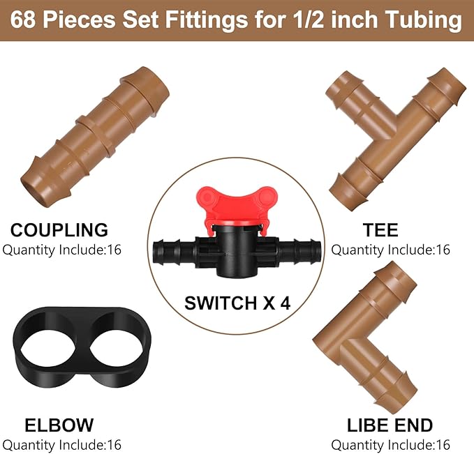 68 Pcs Drip Irrigation Fitting Kit 1/2 Inch Tubing Set, Switch, Tee, Coupling, Elbow and End Cap Plastic Plug, Drip Irrigation Connector for Compatible Drip or Sprinkler System