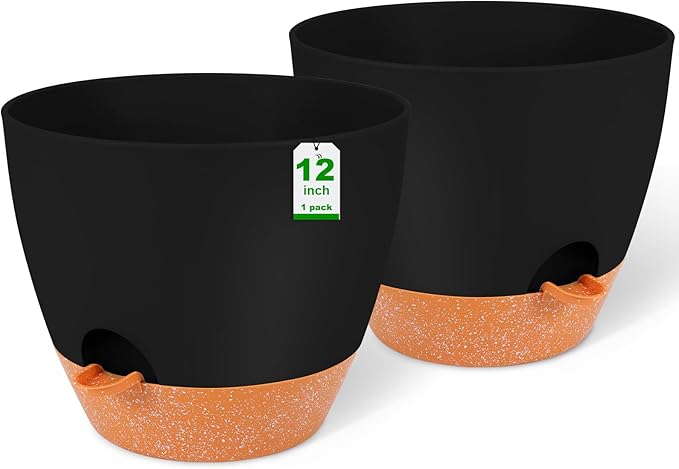 GARDIFE 12 inch planters, Plant Pots,Self Watering Pots, 2 Pack Large Plastic Flower pots with Deep Reservior and High Drainage Holes for Indoor Outdoor Plants and Flowers, Black