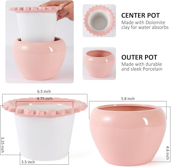 Self Watering African Violet Flower Pot - Pink Ceramic Pot Maintenance, Indoor Plant Self Watering Seeder - 6.5 * 4.6 Inch High Absorption Plant Inner Flower Pot