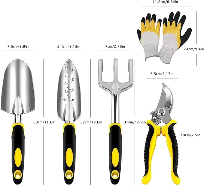 Stainless Steel Garden Tools, Gardening Tool Set with Pruning Shears, Hand Trowel, Transplanter, Hand Rake, Gardening Gloves (750, 5PCS)