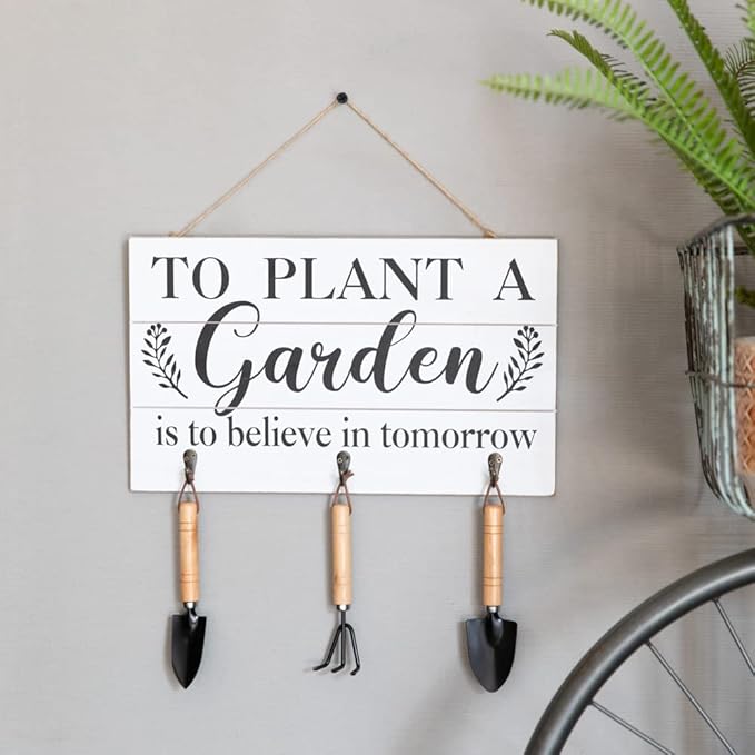 COLLECTIVE HOME - Garden Decor with Tools, Inspirational Wood Hanging Signs, Garden Tools Set - 3 Piece, Out Door Decor with Hooks, to Plant a Garden is to Believe in Tomorrow, 15.75"x9.5" (White)