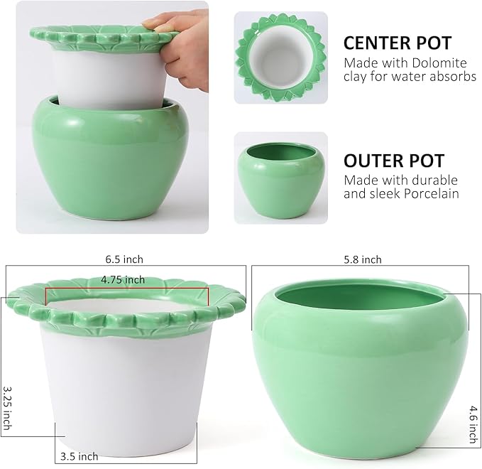 African Violet Flower Pot Green Ceramic Self Watering Flower Pot 6.5 * 4.6 * 4 inch Simple Plant Self Watering Pot Indoor Flowers High Absorption Herbaceous Flower Pots Modern Decor Pots