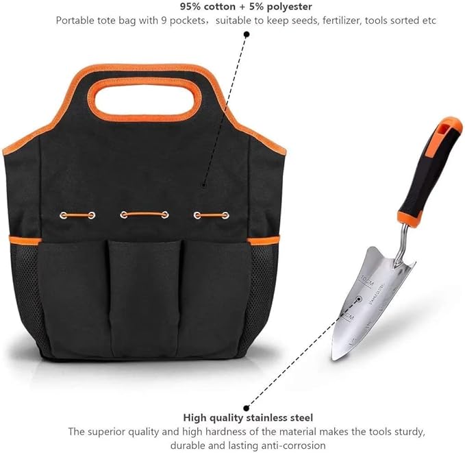 Garden Tool Set, 9 Pcs Stainless Steel Heavy Duty Garden Tool, Gardening Tools with Water Proof and Never Mould Tote, Gardening Gifts for Men and Women