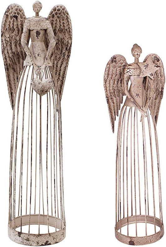 Morning View Metal Angel Statue Decor for Garden Yard Art Outdoor Standing Large Angel Decorations with Star Antique Patio Patio Lawn Holiday Christmas Set of 2 (26 and 32 Inches Tall)