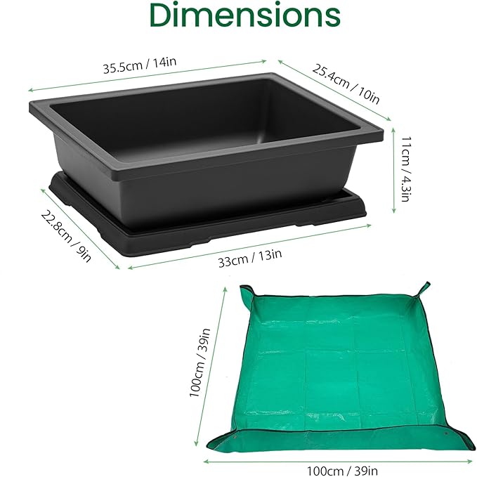 GROWNEER Large Bonsai Training Pots 3 Packs 14 Inch with Drainage Humidity Trays, Bonsai Tree Starter Kits with 1 Repotting Mat, Growing Rectangle Planter for Garden Yard Office Indoor Outdoor