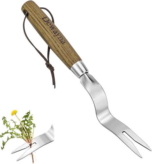 Weed Puller Tool, Hand Weeder with Good Leverage for Easy Pulling Weeds, Heavy Duty Stainless Steel Dandelion Puller Tool, Weed Digger Fork with Comfortable Wood Handle for Removal Dandelion crabgrass