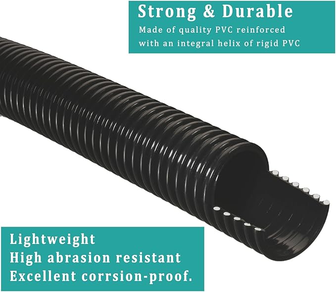 Pond Tubing ID 1/2” × 20ft Black Corrugated Flexible Reinforced Waterfall Pond Tube Sump Pump Hose, Non-toxic & Kinkproof (20 ft, 1/2" ID)